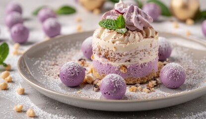 Wall Mural - Delicious purple dessert with whipped cream and mint