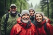 © CojanAI - Portrait of a smiling group of senior hikers in rain jackets