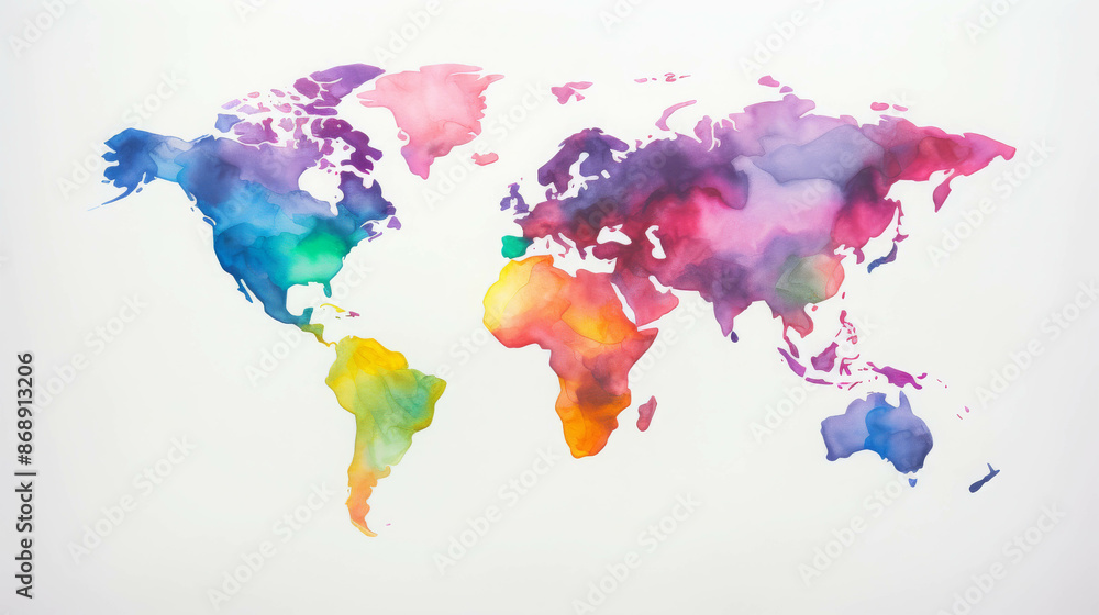 Vibrant and Colorful Watercolor World Map Depicting the Continents in ...