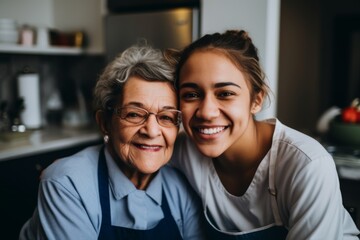 Wall Mural - Portrait of a smiling senior woman with caregiver in nursing home