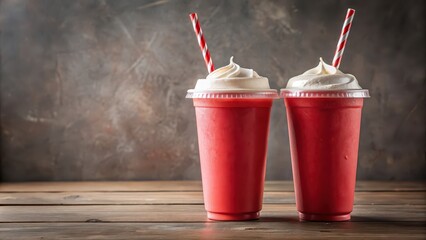 Poster - Two delicious milkshake drinks in take away cups colored in red, milkshake, drink, beverage, sweet, creamy