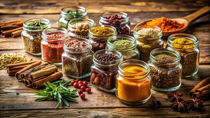 Poster - Various spices and herbs in small glass jars on a rustic wooden table, cooking, seasoning, flavoring, culinary, ingredients