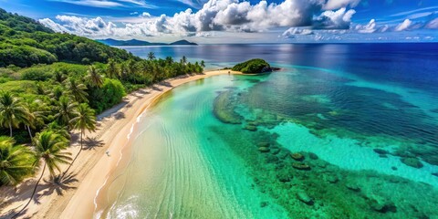 Wall Mural - Tropical sandy beach with clear water seen from above, ocean, bird's eye view, aerial, tropical, beach, sandy, clear water