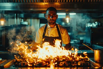 Poster - A chef is cooking over an open flame. AI.