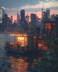 Poster - A modern houseboat floats on a river with a beautiful cityscape in the background. AI.