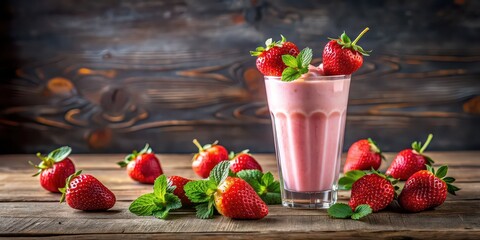 Poster - Juicy strawberry milk shake overflowing from glass with fresh strawberries , strawberries, milk, shake, juicy, sweet