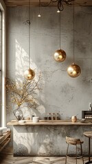 Canvas Print - Three golden lamps hang from the ceiling of a cafe. AI.