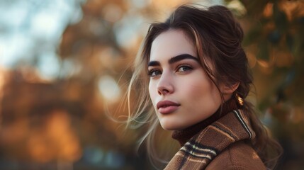Outdoor close up portrait of young beautiful happy smiling woman with long curly hair wearing stylish coat, turtleneck, flower earrings, posing in autumn street. Copy, empty space for text. 