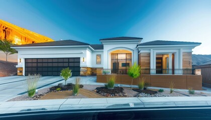 Wall Mural - A beautiful modern house with a three-car garage and a large front yard. AI.