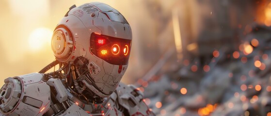 A robot stands in a destroyed city. AI.