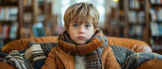 Poster - Portrait of a cute little boy in a warm scarf. AI.