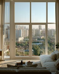 Canvas Print - Modern living room with large windows and a view of the city. AI.