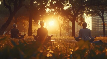 Wall Mural - People practicing yoga in a park at sunset. AI.