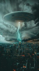 Wall Mural - a dark, stormy night in the city is made even more ominous by the presence of a ufo. ai.