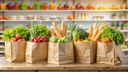 Wall Mural - Fresh food market display with paper bags , market, fresh, food, display, paper bags, fruits, vegetables, organic