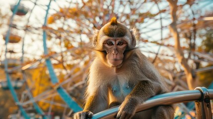 Canvas Print - Monkey on a railing with an amusement park in the background AI.