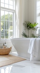 Canvas Print - Luxurious bathroom with a large bathtub, a plant, and a window. AI.