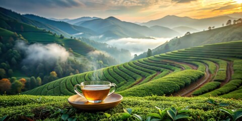 Canvas Print - Tea cup in misty mountain tea fields, serene and peaceful , Serenity, quiet, nature, beauty, tranquility, peaceful, misty, mountain