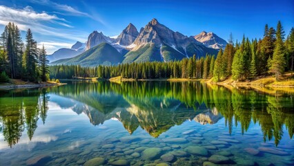 Sticker - Clear mountain lake reflecting surrounding peaks and trees, nature, landscape, scenic, tranquil, wilderness