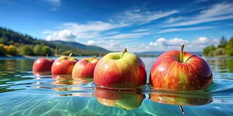 Poster - Fresh apples floating in crystal clear water, apples, water, fresh, fruit, healthy, organic, natural, floating, refreshing, vibrant