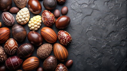 Poster - Assorted decorative chocolate Easter eggs on dark background, chocolate, Easter, eggs, assortment, holiday, decorations