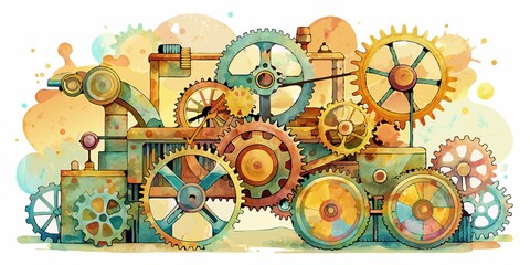 Wall Mural - Delicate watercolor design illustration of vintage machinery isolated on crisp white background, featuring intricate gears, cogs and other metallic components.