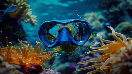 Wall Mural - Underwater diving snorkeling with blue fish and reef, AI Generative.