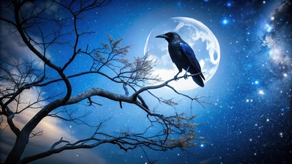 Sticker - of a crow perched in a tree at night, crow, bird, wildlife, nature, moonlight, nighttime, dark, branches, feathers, spooky