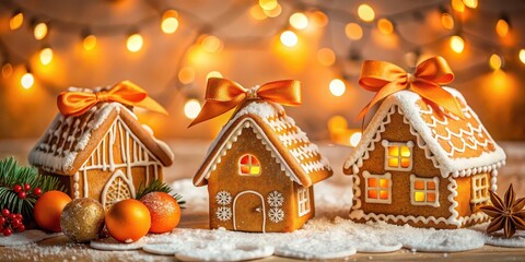 Poster - Warm and sweet Christmas scene featuring gingerbread houses and an orange bow , Christmas, holiday, festive, decorations, cozy