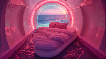 Canvas Print - Interior of futuristic capsule hotel on the sea