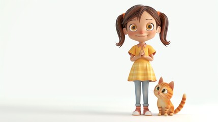 Wall Mural - A smiling cartoon girl with brown hair in pigtails stands with her hands clasped in front of her. A cartoon orange tabby cat sits beside her, looking up.