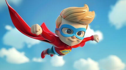 Sticker - A cartoon boy dressed as a superhero is flying.