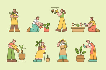 Wall Mural - people are growing plants in pots for plant interior design. outline simple vector illustration.