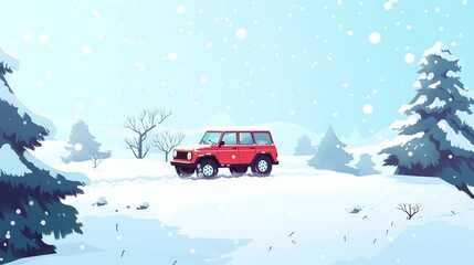 Sticker - A red SUV drives on a snowy road.