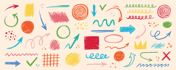 Aufkleber - Arrow abstract brush line stroke color vector set. Kid color paint square, spiral, arrow element shape scribble line brush hand drawn sketch design. Grunge abstract chalk, crayon pencil style. Vector