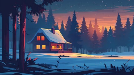 Sticker - A cartoon illustration of a cozy cabin in a snowy forest at dusk.