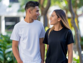 couple in the park wearing blank shirts