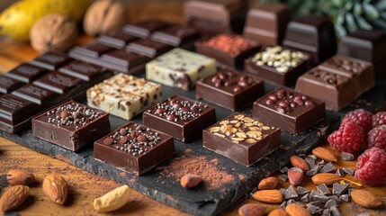 Tempting Display of Dark and Milk Chocolates with Nuts and Fruits, Health Concept Background. Stock Photo Styled for Text with Sony Alpha a1 105mm f1.8.