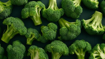Fresh green broccoli florets arranged on a dark surface.