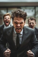 Angry man yelling in a public setting, his face showing extreme emotion and intensity.

