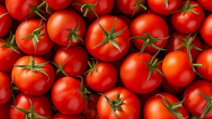 close up of ripe red tomatoes with green stems.