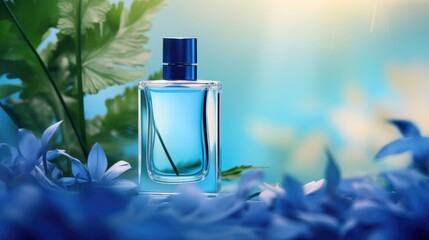 Wall Mural - Transparent blue glass perfume bottle mockup with plants on background. Eau de toilette. Mockup, spring flat lay.