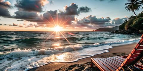 a serene beach scene with the sun setting over the ocean, creating a beautiful and tranquil atmosphere