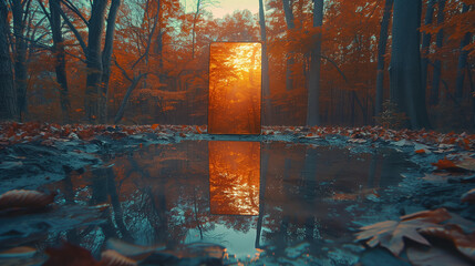 Sticker - A large mirror stands in autumn forest in the morning