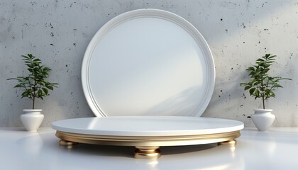 A white pedestal with gold trim, two potted plants and a white wall with a round accent.