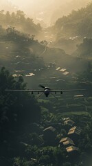 Wall Mural - A combat drone casting a long, ominous shadow over a rural village