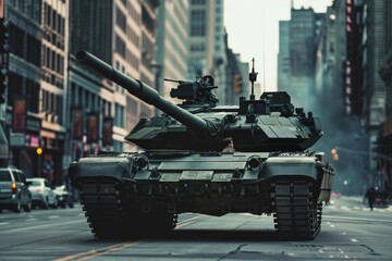 Sticker - A dramatic low-angle shot of an Military tank M1 Abrams rolling down a city boulevard, its gun turret scanning rooftops and windows for potential threats