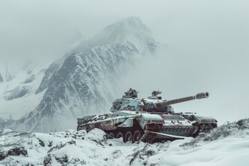 Sticker - A dramatic scene of an Military tank M1 Abrams engaging in a firefight on a snowy mountain ridge Explosions erupt amidst the snowdrifts