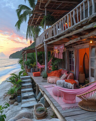 Poster - Pink-toned Southeast Asian resort hotel on the seaside at sunset