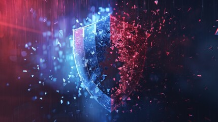 Wall Mural - a fragmented shield emblem, cracked and distorted, overlaid with swirling glitches representing a co